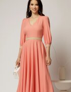  Rochie DY Fashion midi roz somon cu banda decorativa pe talie si mansete