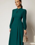  Rochie DY Fashion midi turcoaz cu decupaj la decolteu si pliuri pe fusta