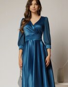  Rochie DY Fashion midi turcoaz din tafta cu maneci din voal cu lurex