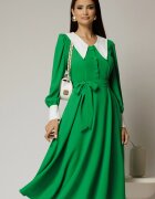  Rochie DY Fashion midi verde cu guler si mansete in contrast