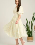  Rochie DY Fashion midi verde din voal in clos cu print bej si funda in talie