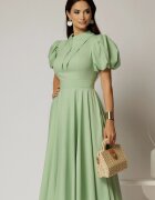  Rochie DY Fashion midi verde fistic din poplin cu guler ascutit si maneci scurte bufante