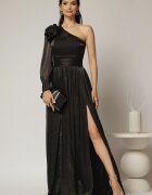 Rochie DY Fashion neagra pe un umar cu detaliu floral amplu din voal peliculizat