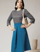  Rochie DY Fashion office cu fusta din stofa turcoaz si bust din jerse cu imprimeu