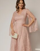  Rochie DY Fashion roz din dantela cu maneci lungi crapate si decolteu in V