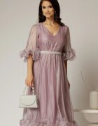 Rochie DY Fashion roz din voal creponat cu volanase si decolteu in V