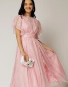  Rochie DY Fashion roz din voal creponat si insertii de dantela la bust