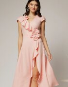  Rochie DY Fashion roz midi cu volanas pe fusta si detaliu amplu foral