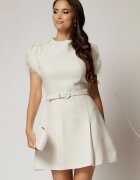 Rochie DY Fashion scurta alba din tweed cu pene la maneci