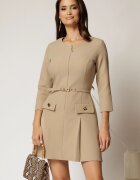  Rochie DY Fashion scurta bej cu pliuri pe fusta si fermoar la bust