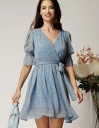 Rochie DY Fashion scurta bleu din voal cu imprimeu gri si cordon in talie