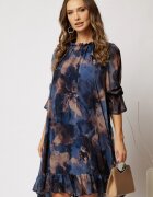  Rochie DY Fashion scurta bleumarin cu imprimeu bej din voal creponat