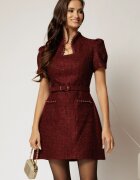  Rochie DY Fashion scurta bordo din tweed cu margele la decolteu