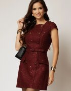  Rochie DY Fashion scurta bordo din tweed cu nasturi si decolteu patrat
