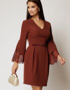  Rochie DY Fashion scurta caramizie cu decolteu in V si dantela la maneci