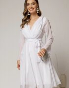  Rochie DY Fashion scurta din voal alb cu decolteu petrecut si cordon in talie