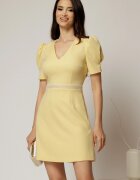  Rochie DY Fashion scurta galbena cu perle in talie si maneci scurte