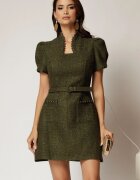  Rochie DY Fashion scurta kaki din tweed cu margele la decolteu