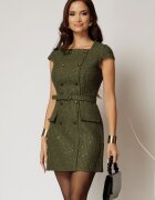  Rochie DY Fashion scurta kaki din tweed cu nasturi si decolteu patrat