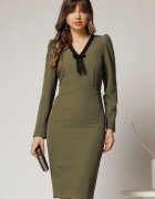  Rochie DY Fashion scurta kaki office conica cu decolteu in V si funda