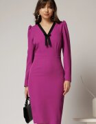  Rochie DY Fashion scurta magenta office conica cu decolteu in V si funda