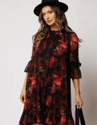  Rochie DY Fashion scurta neagra cu imprimeu bordo din voal creponat