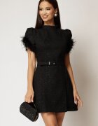  Rochie DY Fashion scurta neagra din tweed cu pene la maneci