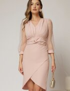  Rochie DY Fashion scurta roz cu talia impletita si maneci bufante