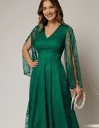  Rochie DY Fashion verde din dantela cu maneci lungi crapate si decolteu in V
