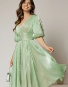  Rochie DY Fashion verde fistic cu decolteu adanc si nasturi din voal peliculizat