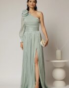  Rochie DY Fashion verde mint pe un umar cu detaliu floral amplu din voal peliculizat
