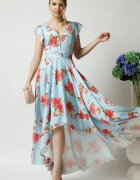  Rochie eleganta lunga din tafta bleu cu imprimeu si cordon in talie