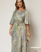  Rochie eleganta midi turcoaz cu imprimeu multicolor din voal plin cu accesoriu in talie