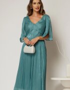 Rochie eleganta turcoaz midi din voal peliculizat cu maneci ample