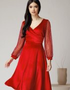  Rochie Ella Collction Carmen eleganta din catifea rosie cu glitter pe maneci