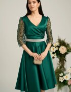  Rochie Ella Collection Adria eleganta din tafta verde cu cordon in talie