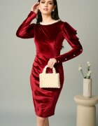  Rochie Ella Collection Linda eleganta din catifea rosie cu perle la decolteu