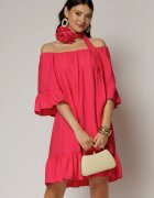  Rochie fucsia din vascoza cu volan la baza si maneci trei sferturi
