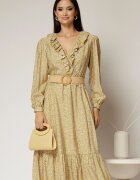  Rochie galben pal din stofa cu imprimeu floral si curea in talie