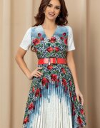  Rochie Iustina ivoire cu albastru si imprimeu floral rosu