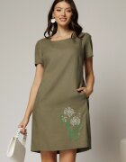  Rochie kaki din in cu flori brodate si croi drept