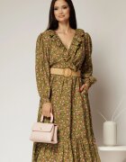  Rochie kaki din viscoza cu imprimeu floral si curea in talie