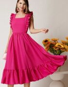  Rochie Lauren midi fucsia din triplu voal cu volane si spatele gol