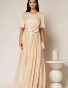  Rochie lunga bej de seara din voal cu accesoriu in talie