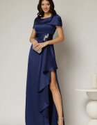  Rochie lunga beumarin din satin cu slit pe picior si aplicatie pe talie