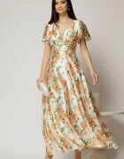  Rochie lunga de ocazie cu imprimeuri maro si verde din material satinat
