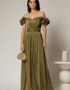  Rochie lunga de ocazie olive din voal peliculizat cu aplicatii florale 3D