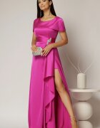  Rochie lunga fucsia din satin cu slit pe picior si aplicatie pe talie