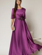  Rochie lunga mov de seara din voal cu accesoriu in talie
