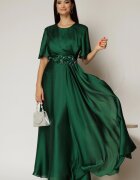  Rochie lunga verde de seara din voal cu accesoriu in talie